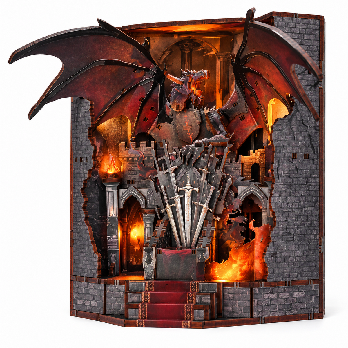 Minicity Throne of Blades DIY book nook kit with dark fantasy castle, dragon, sword throne, stone walls and dramatic LED lighting