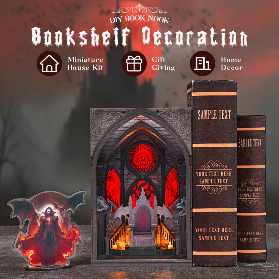 Minicity Throne of Blood DIY book nook displayed between books with Gothic throne room, red stained glass and removable fantasy figure