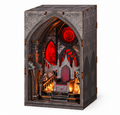 Minicity Throne of Blood DIY book nook kit with Gothic throne room, red stained glass windows, dark stone architecture and dramatic lighting