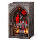 Minicity Throne of Blood DIY book nook kit with Gothic throne room, red stained glass windows, dark stone architecture and dramatic lighting
