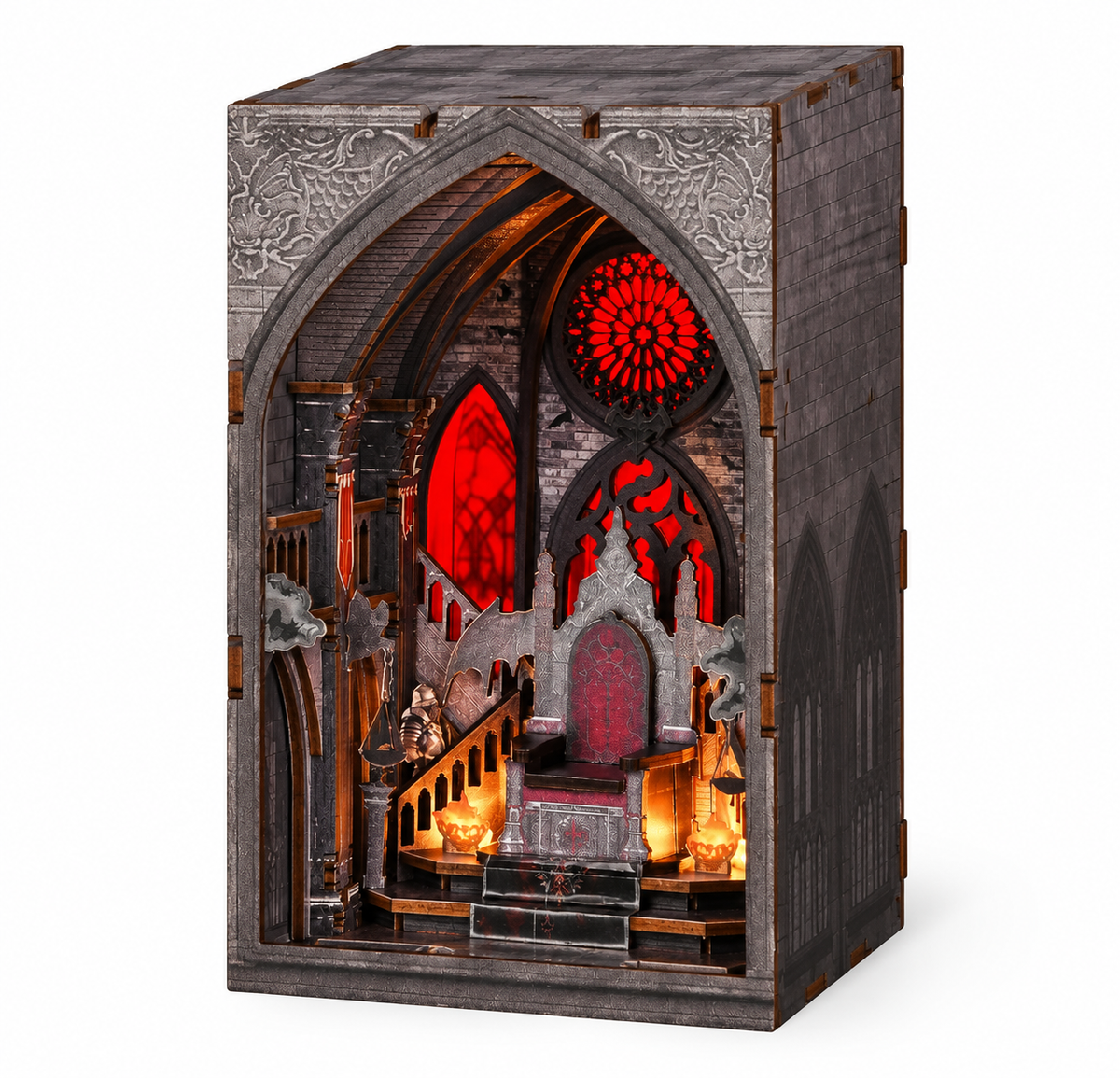 Minicity Throne of Blood DIY book nook kit with Gothic throne room, red stained glass windows, dark stone architecture and dramatic lighting