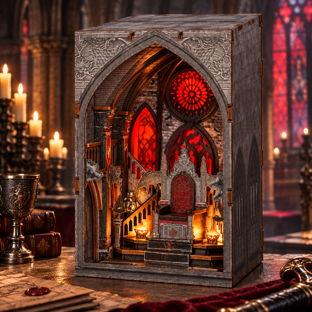 Minicity Throne of Blood Gothic book nook displayed in an atmospheric medieval setting with candles, books, throne and red stained glass