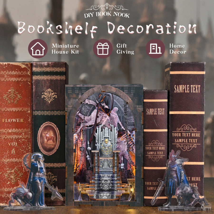 Minicity Throne of Bones DIY book nook displayed between books with fantasy knight figures, skeletal dragon and dark medieval details