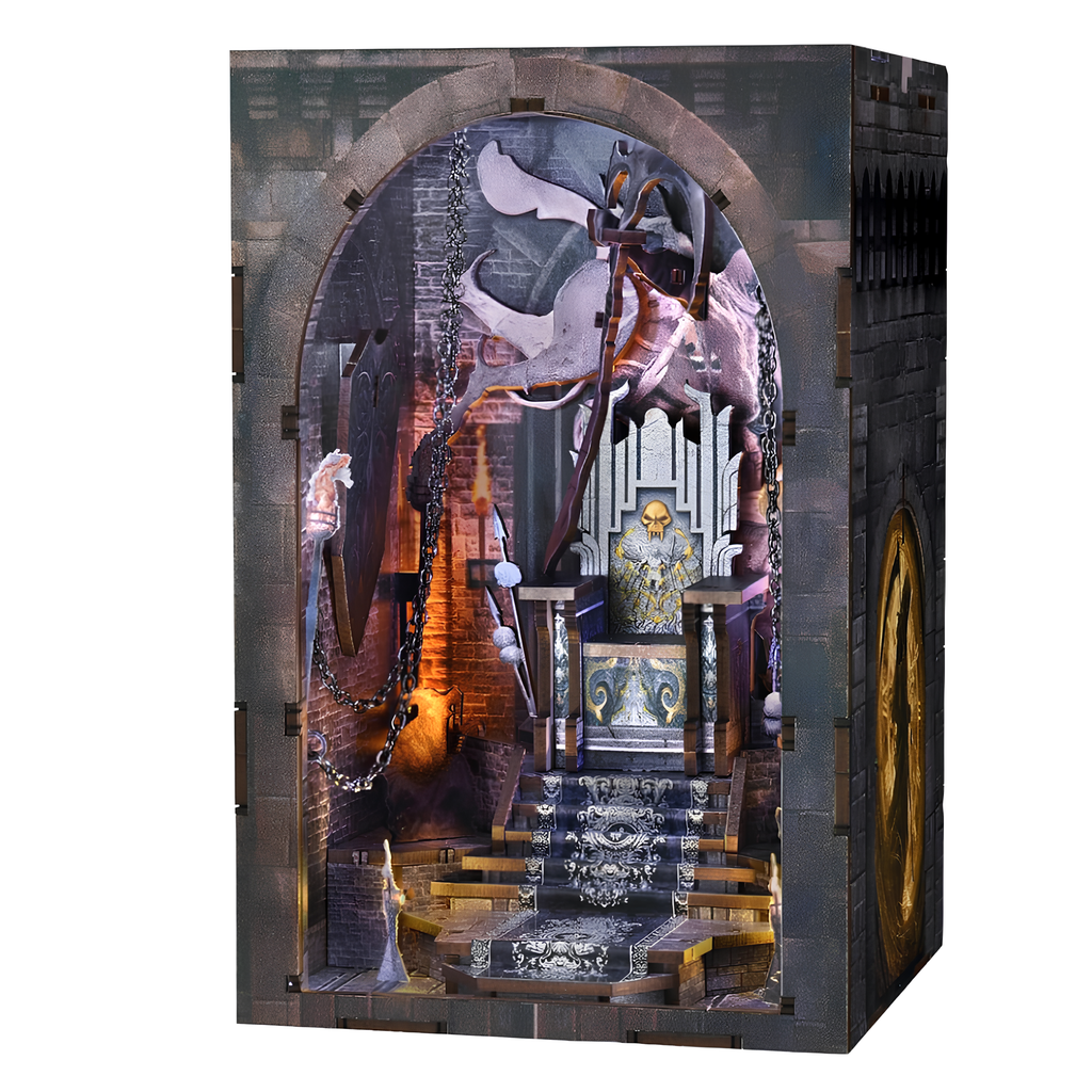 Minicity Throne of Bones DIY book nook kit with dark fantasy throne room, skeletal dragon, knight figure, chains and warm LED lighting