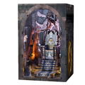Minicity Throne of Bones DIY book nook kit with dark fantasy throne room, skeletal dragon, knight figure, chains and warm LED lighting