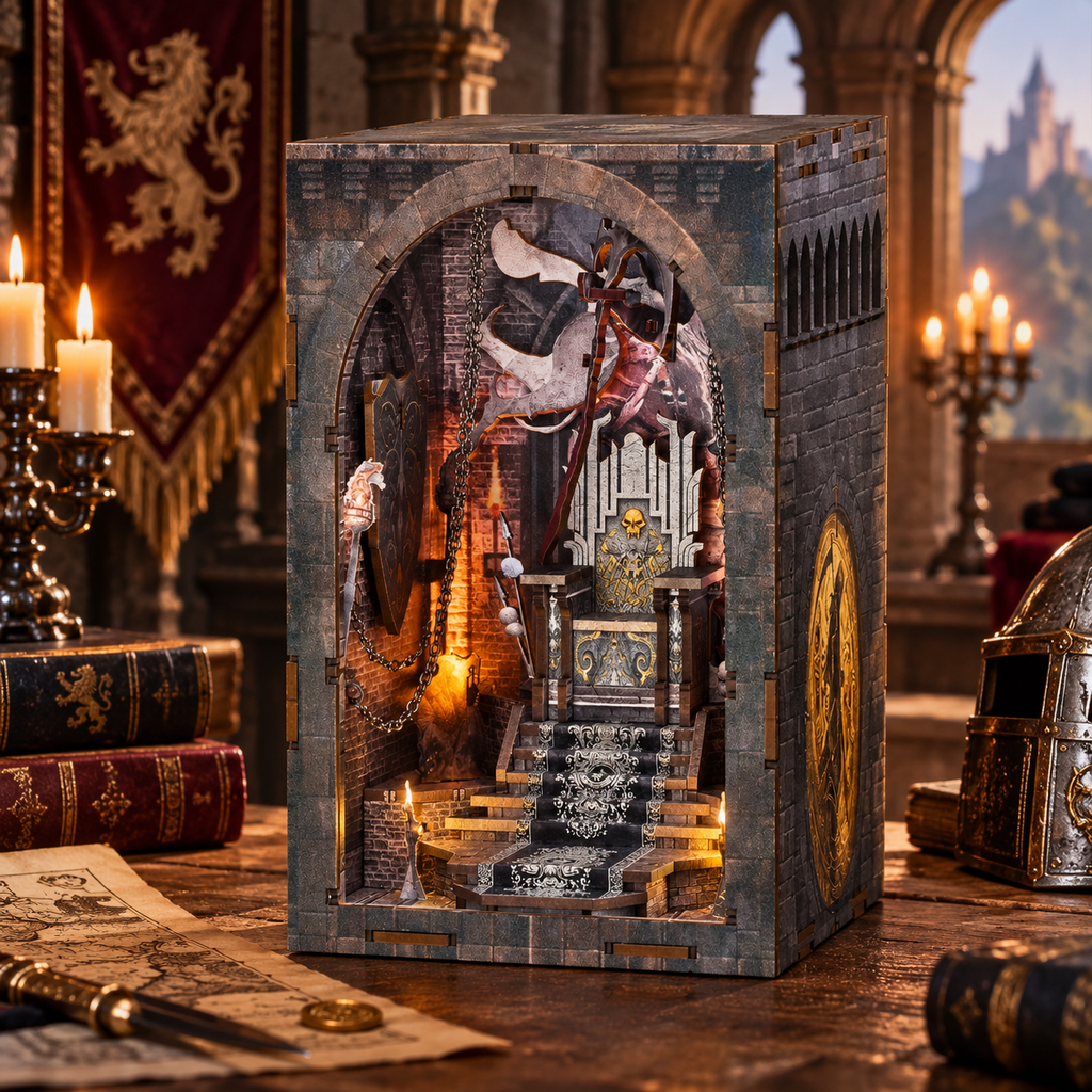Minicity Throne of Bones illuminated miniature throne room with skeletal dragon, stone staircase, chains, shield and Gothic fantasy details