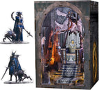 Minicity Throne of Bones fantasy book nook with dark stone walls, skeletal dragon, throne, knight figures and illuminated interior