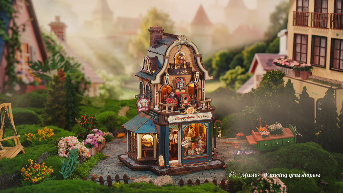 ROKR Happyduke Toys DIY mechanical model kit video showing the finished moving toy shop