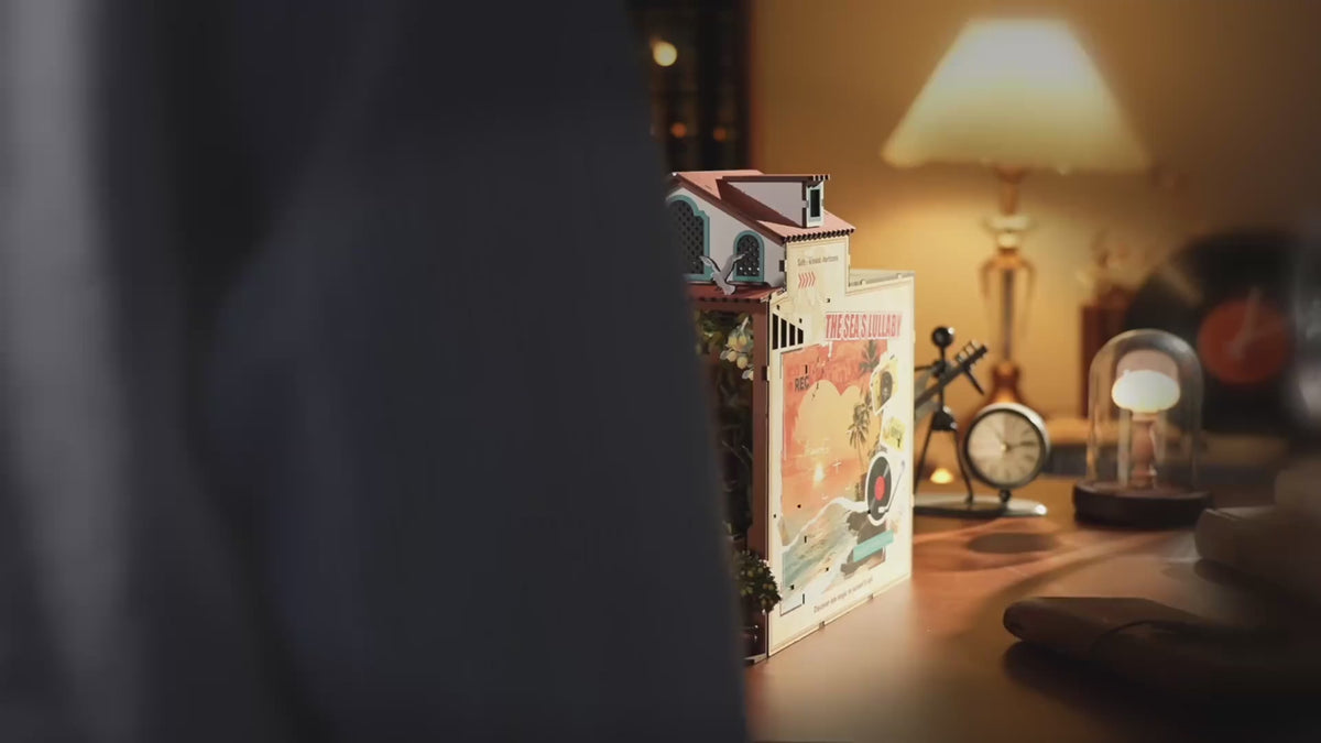 Rolife Sunset Isle DIY book nook video showing the illuminated Mediterranean miniature scene and travel-inspired side design