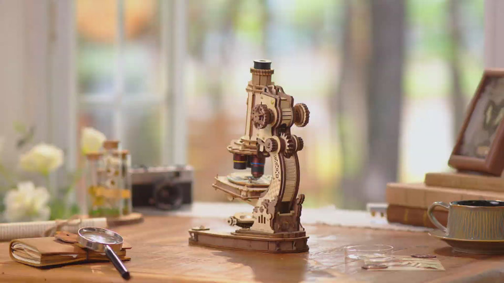 Rokr Microscope DIY mechanical model kit video showing the finished wooden microscope