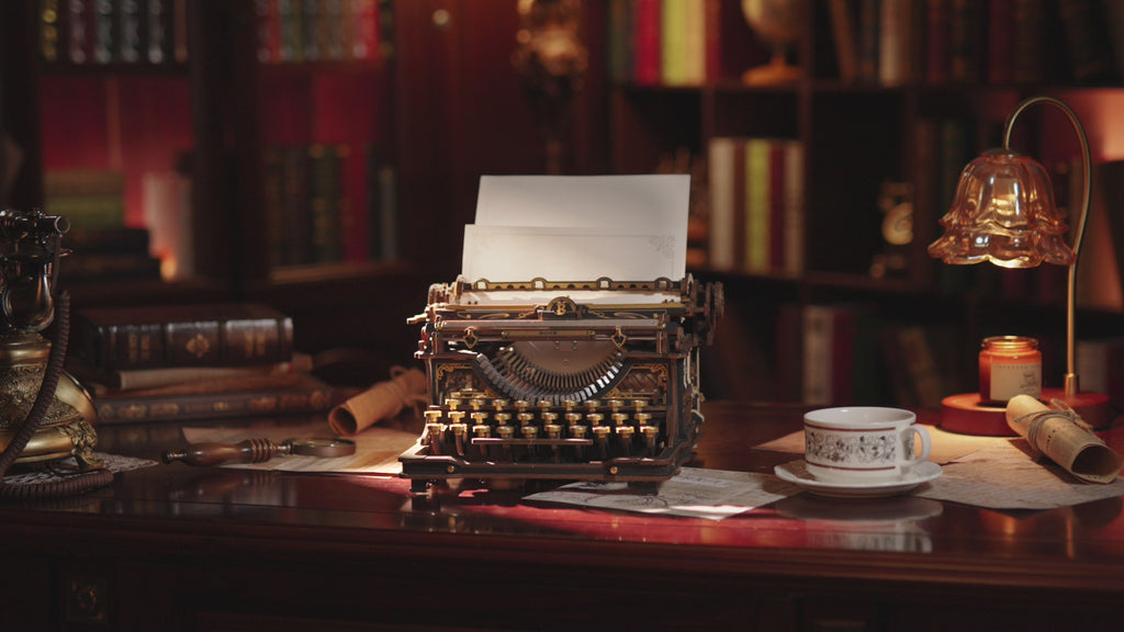 ROKR Mechanical Typewriter DIY mechanical model displayed on a desk in a classic study setting