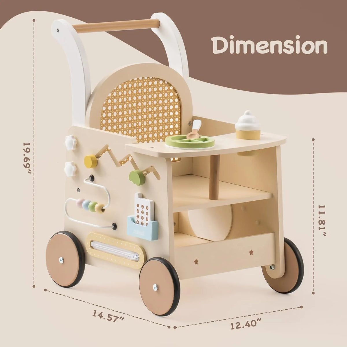 ROBUD Wooden Baby Push Walker with 19.69 inch handle height, 14.57 inch width and 12.40 inch depth