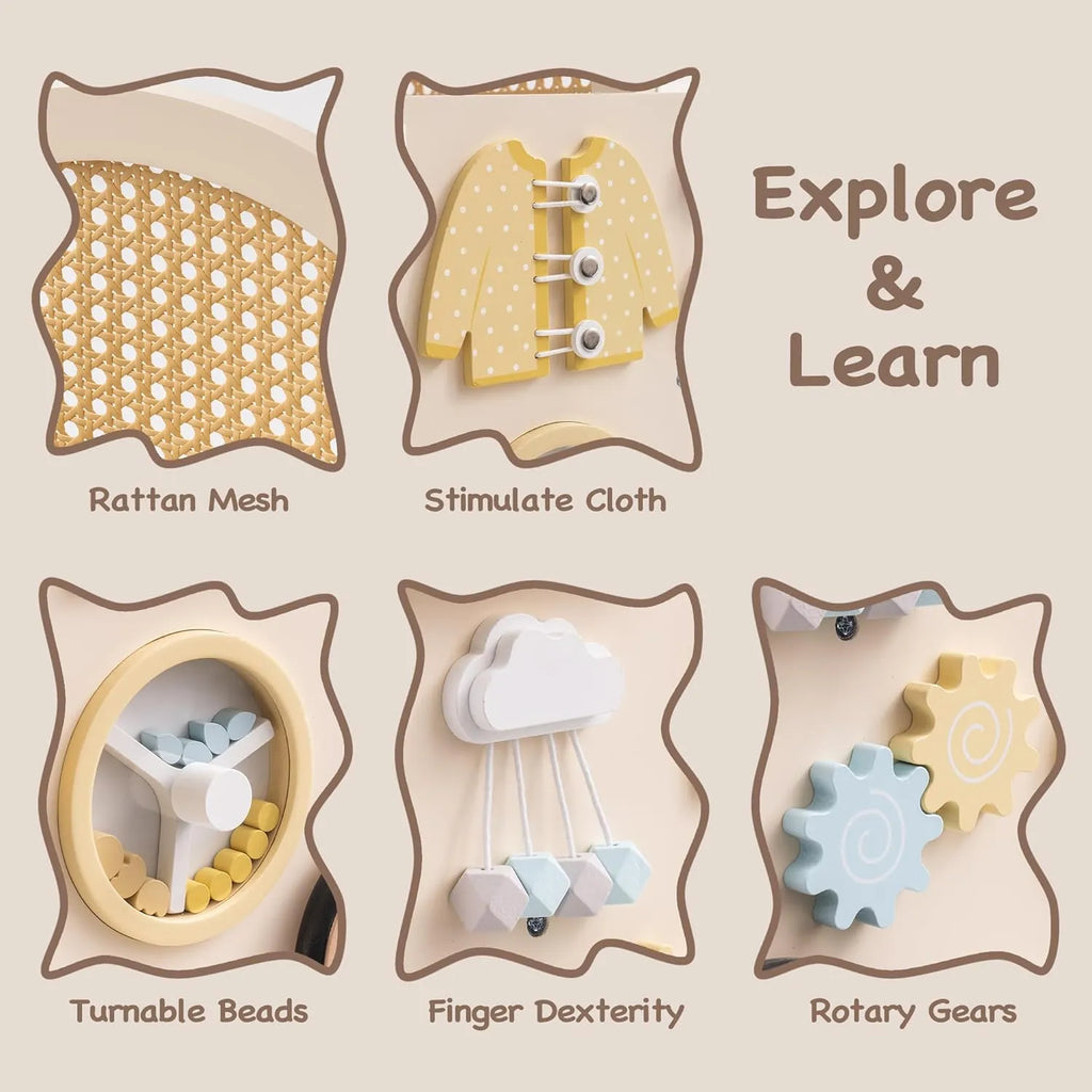 ROBUD wooden baby walker with rattan mesh, sensory cloth, turnable beads, finger dexterity activity and rotary gears