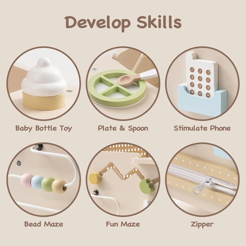 ROBUD baby push walker activity centre with baby bottle, plate and spoon, pretend phone, bead maze, gears and zipper