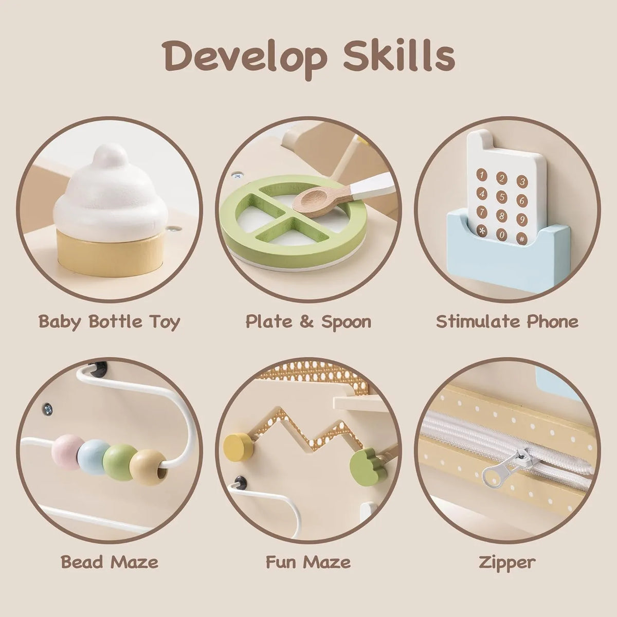 ROBUD baby push walker activity centre with baby bottle, plate and spoon, pretend phone, bead maze, gears and zipper