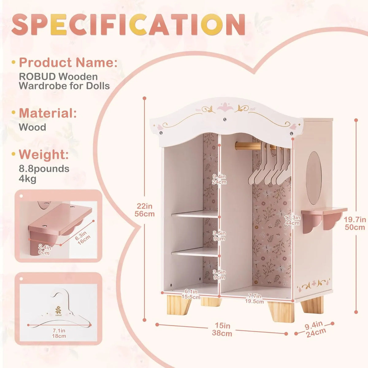 ROBUD Wooden Doll Closet WRP08 with 56 cm height, 38 cm width, 24 cm depth and five doll clothing hangers