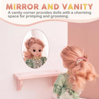 ROBUD Wooden Doll Closet with mirror and side vanity for doll dressing, grooming and imaginative play