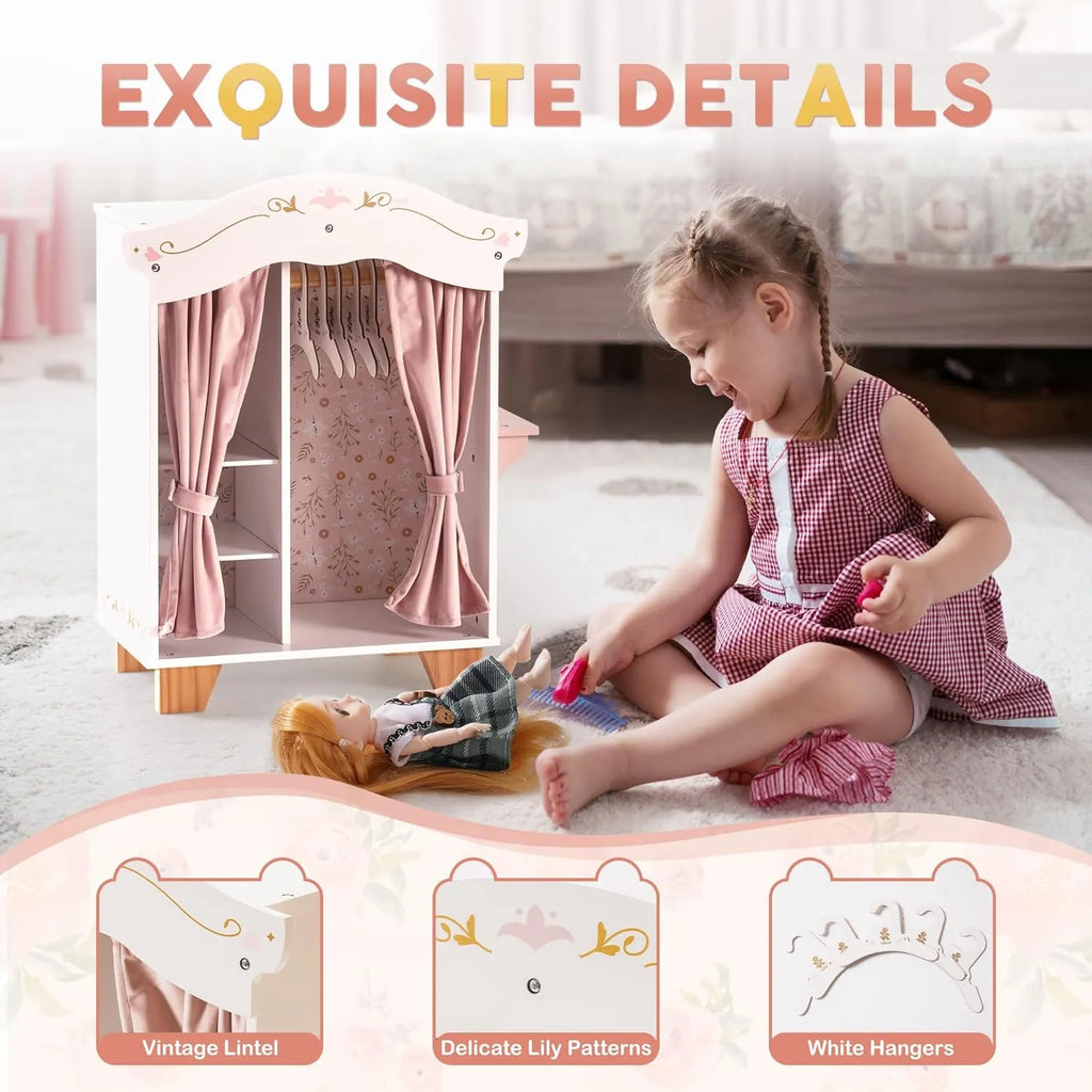 ROBUD Wooden Doll Wardrobe for pretend play with a child dressing a doll and organising clothes in Vikki's Wardrobe