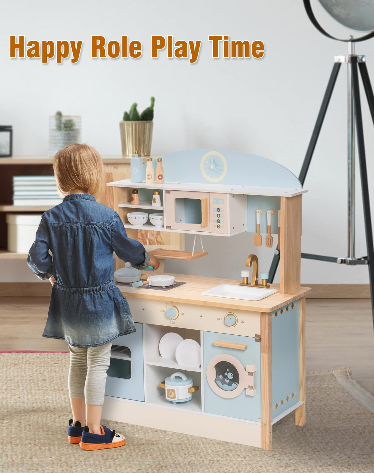 ROBUD Dream Wooden Play Kitchen being used by a child for imaginative cooking and pretend household play