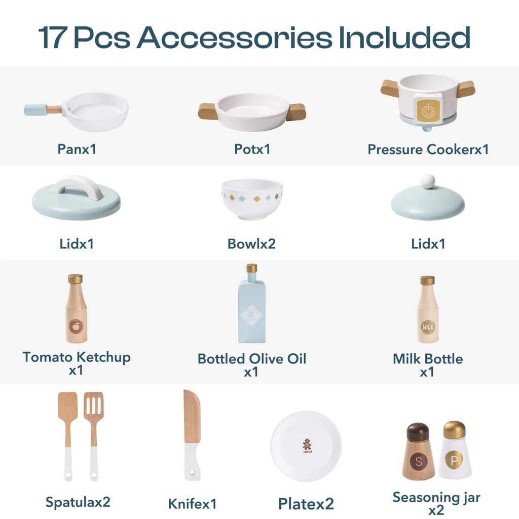 ROBUD Dream Wooden Play Kitchen 17-piece accessory set with pan, pot, pressure cooker, bowls, bottles, plates and utensils