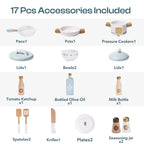 ROBUD Dream Wooden Play Kitchen 17-piece accessory set with pan, pot, pressure cooker, bowls, bottles, plates and utensils