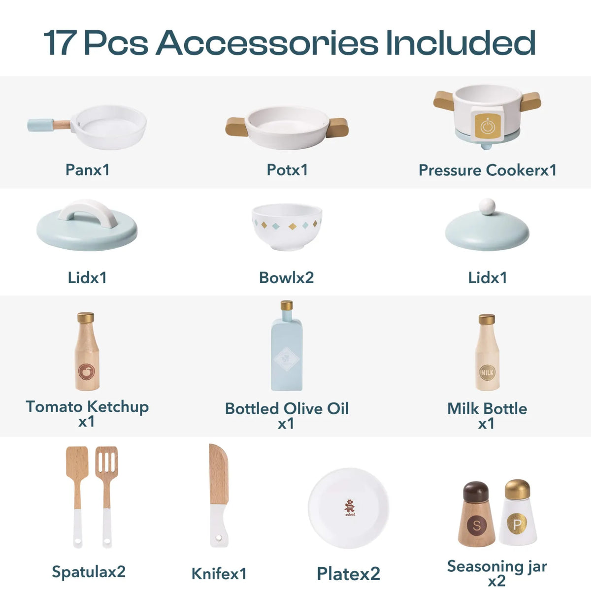 ROBUD Dream Wooden Play Kitchen 17-piece accessory set with pan, pot, pressure cooker, bowls, bottles, plates and utensils