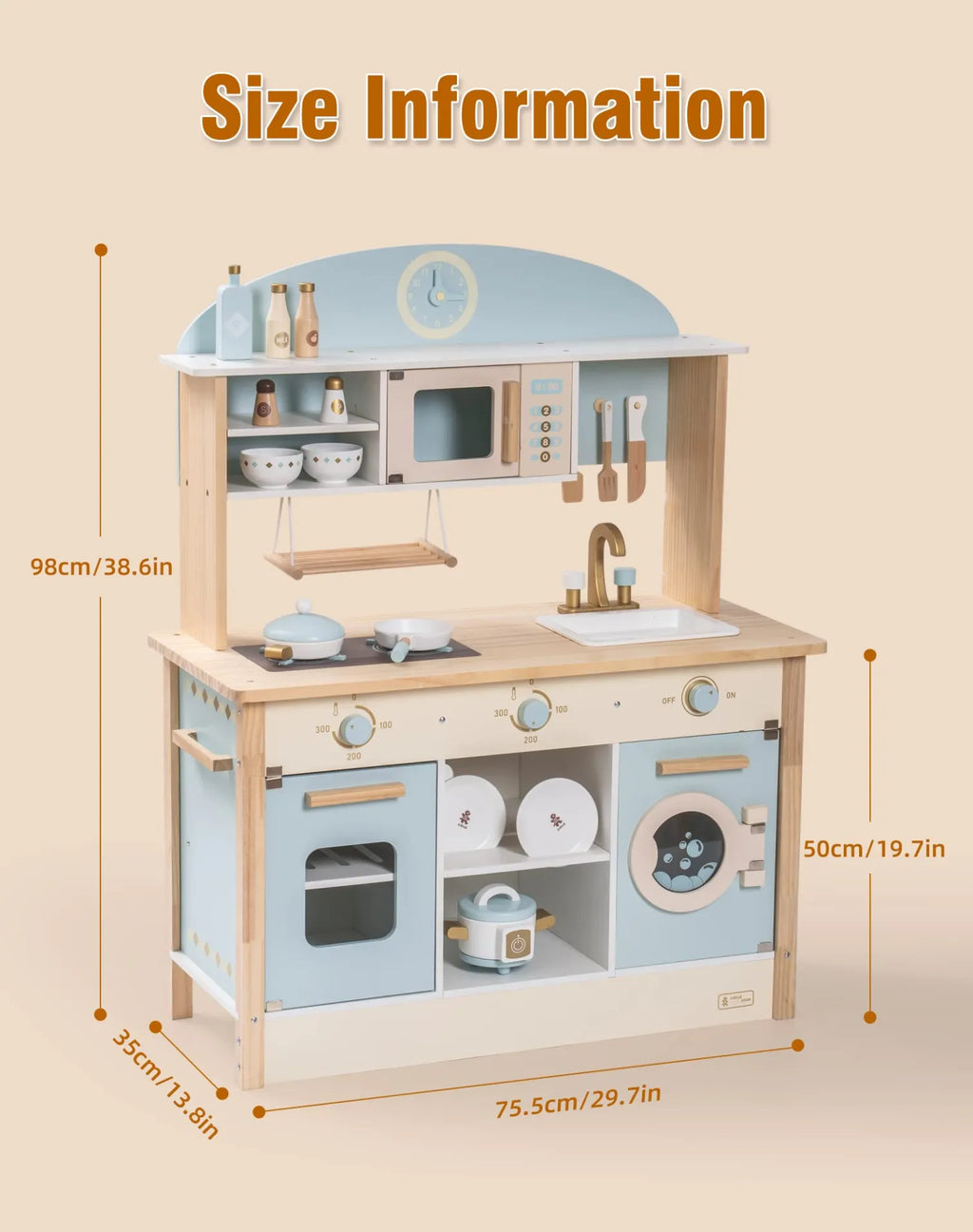 ROBUD Wooden Play Kitchen for Kids Dream WCF14 with 75.4 x 35.1 x 98 cm dimensions and 50 cm countertop height