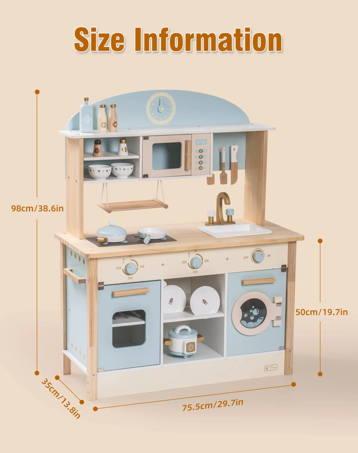 ROBUD Wooden Play Kitchen for Kids Dream WCF14 with 75.4 x 35.1 x 98 cm dimensions and 50 cm countertop height