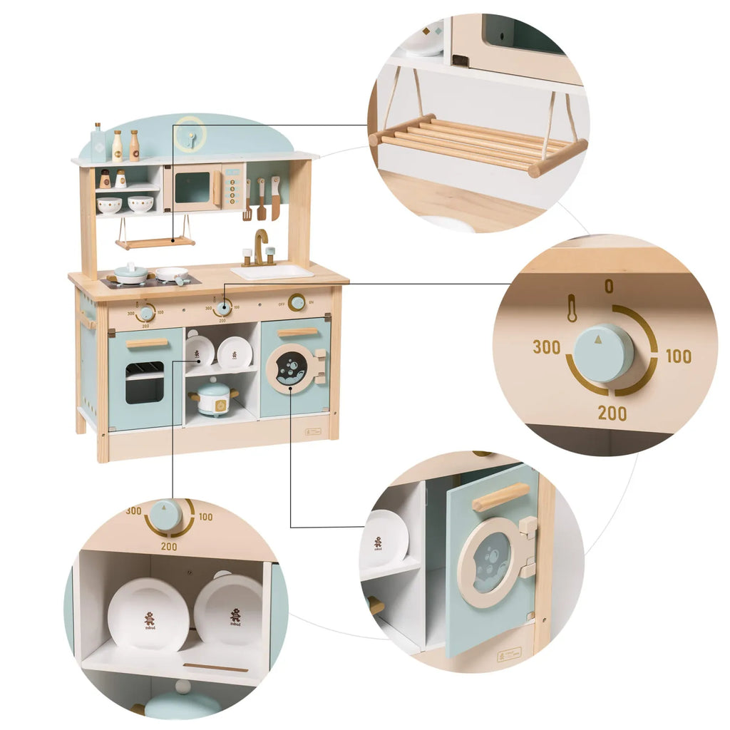 ROBUD Dream Wooden Play Kitchen featuring a pretend clock, turning controls, hanging utensils, cookware and rotating faucet