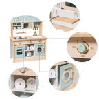 ROBUD Dream Wooden Play Kitchen featuring a pretend clock, turning controls, hanging utensils, cookware and rotating faucet