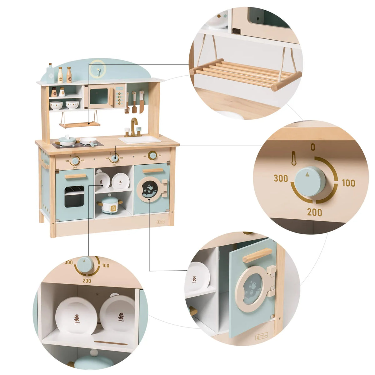 ROBUD Dream Wooden Play Kitchen featuring a pretend clock, turning controls, hanging utensils, cookware and rotating faucet