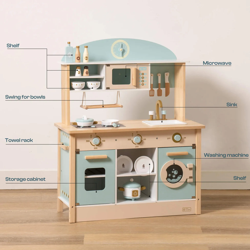 ROBUD Dream Wooden Play Kitchen showing microwave, sink, washing machine, oven, storage cabinet, shelf and swing-out bowl rack
