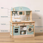 ROBUD Dream Wooden Play Kitchen showing microwave, sink, washing machine, oven, storage cabinet, shelf and swing-out bowl rack