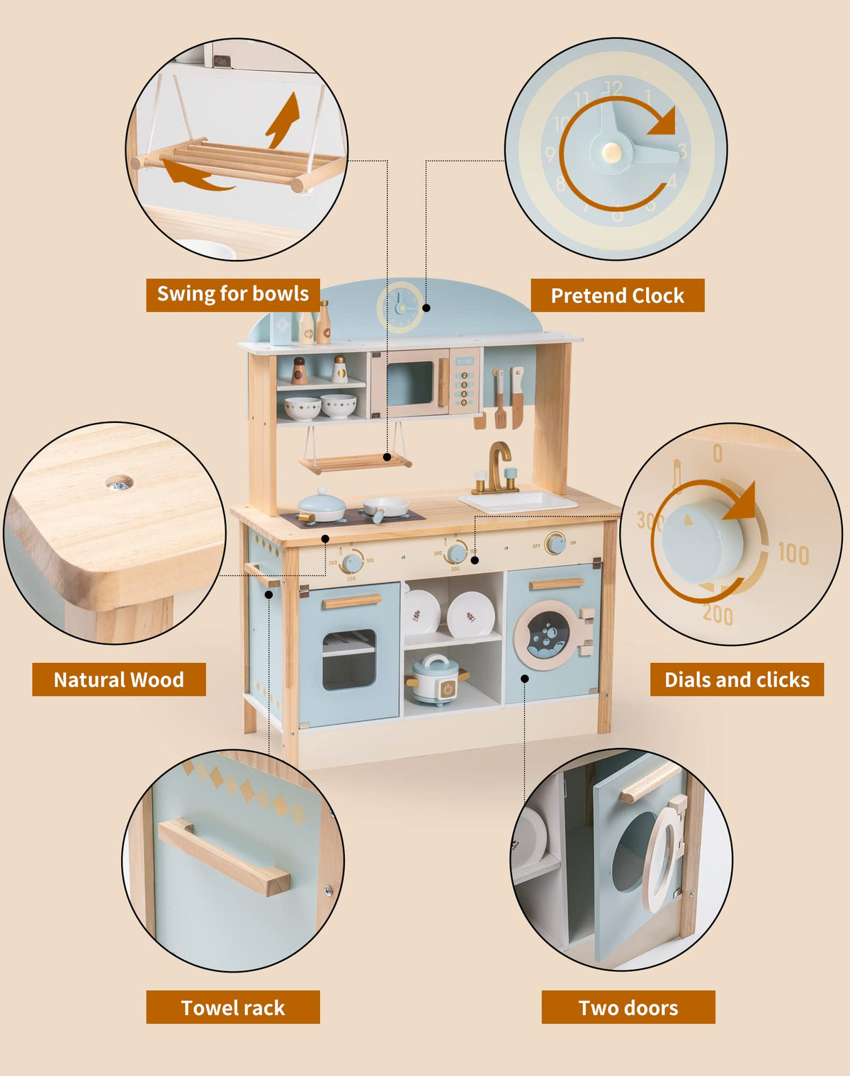 ROBUD Dream Wooden Play Kitchen with rotating dials, pretend clock, swing-out bowl rack, towel rack and opening doors