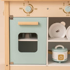 ROBUD Dream Wooden Play Kitchen with opening oven, pretend washing machine, storage shelf and rotating temperature controls
