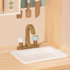 ROBUD Dream Wooden Play Kitchen with removable sink, turning faucet and hanging wooden kitchen utensils