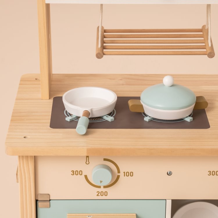 ROBUD Dream Wooden Play Kitchen with pretend stovetop, frying pan, covered pot, rotating controls and hanging storage rack