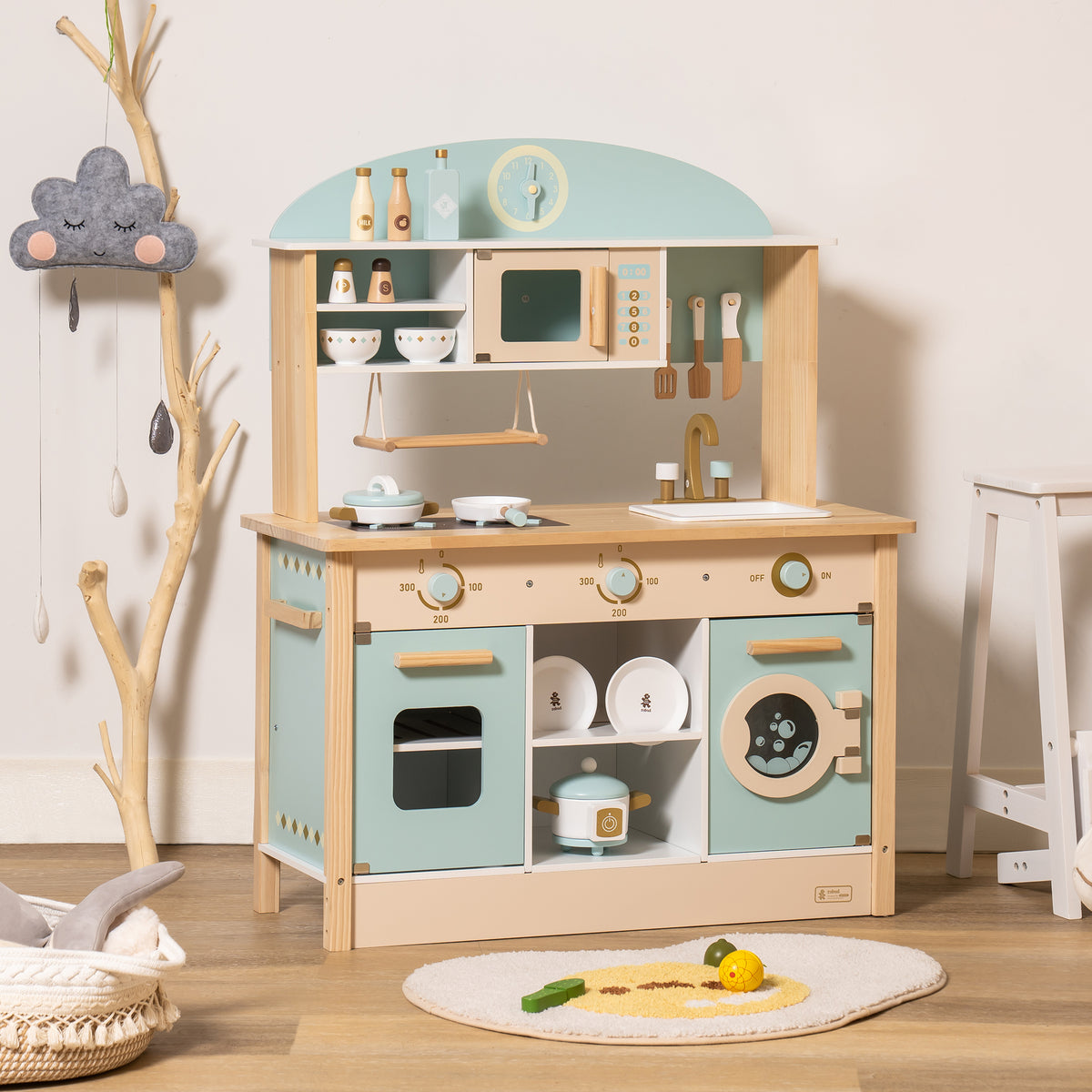 ROBUD Wooden Play Kitchen for Kids Dream with microwave, oven, washing machine, sink, stovetop and storage shelves