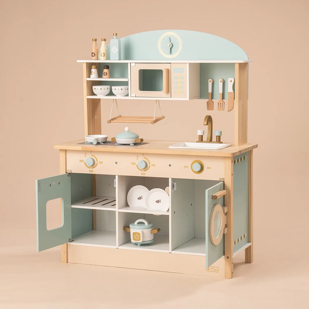 ROBUD Dream Wooden Play Kitchen with open storage cabinets, oven, washing machine, sink, microwave and wooden kitchen accessories