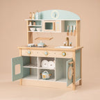 ROBUD Dream Wooden Play Kitchen with open storage cabinets, oven, washing machine, sink, microwave and wooden kitchen accessories