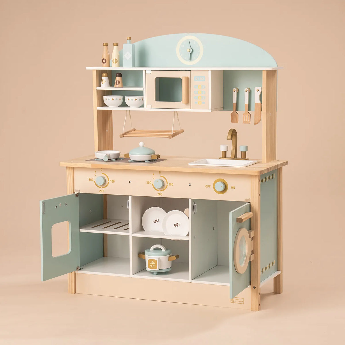 ROBUD Dream Wooden Play Kitchen with open storage cabinets, oven, washing machine, sink, microwave and wooden kitchen accessories