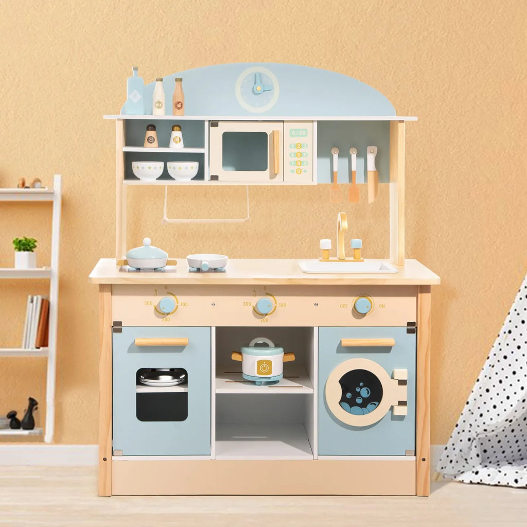 ROBUD Dream Wooden Play Kitchen Set with farmhouse sink, microwave, oven, washing machine, stovetop and storage shelves