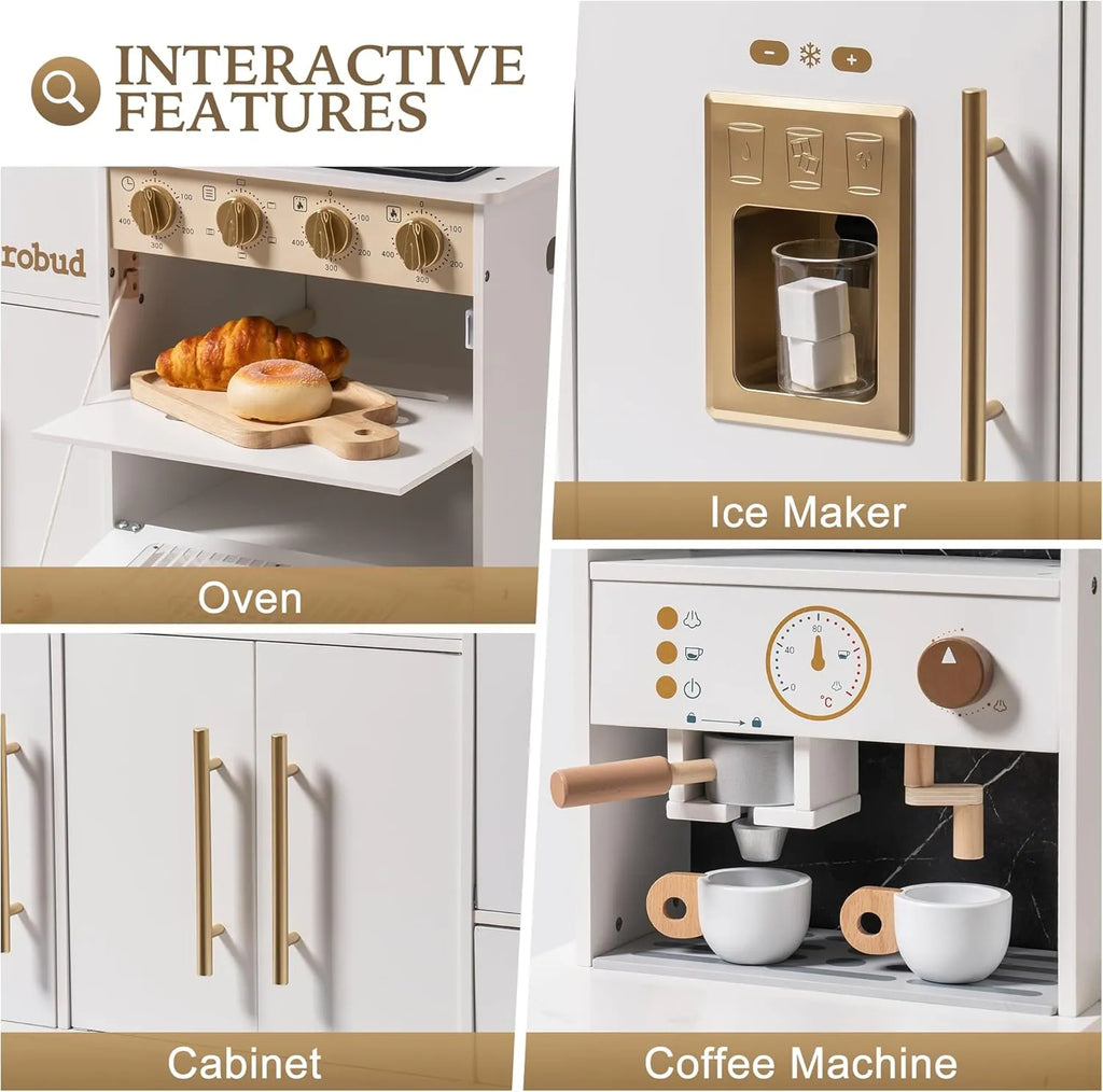ROBUD kids kitchen set with opening oven, ice maker, storage cabinet and pretend coffee machine