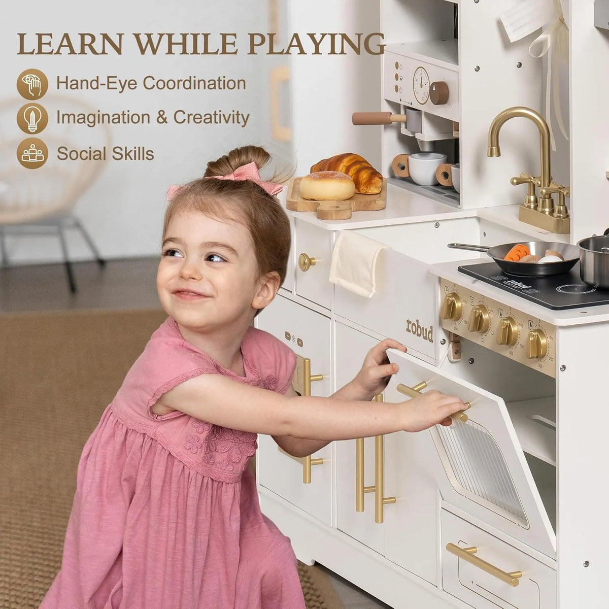ROBUD kids play kitchen encouraging imaginative role play, hand-eye coordination and creativity through pretend cooking