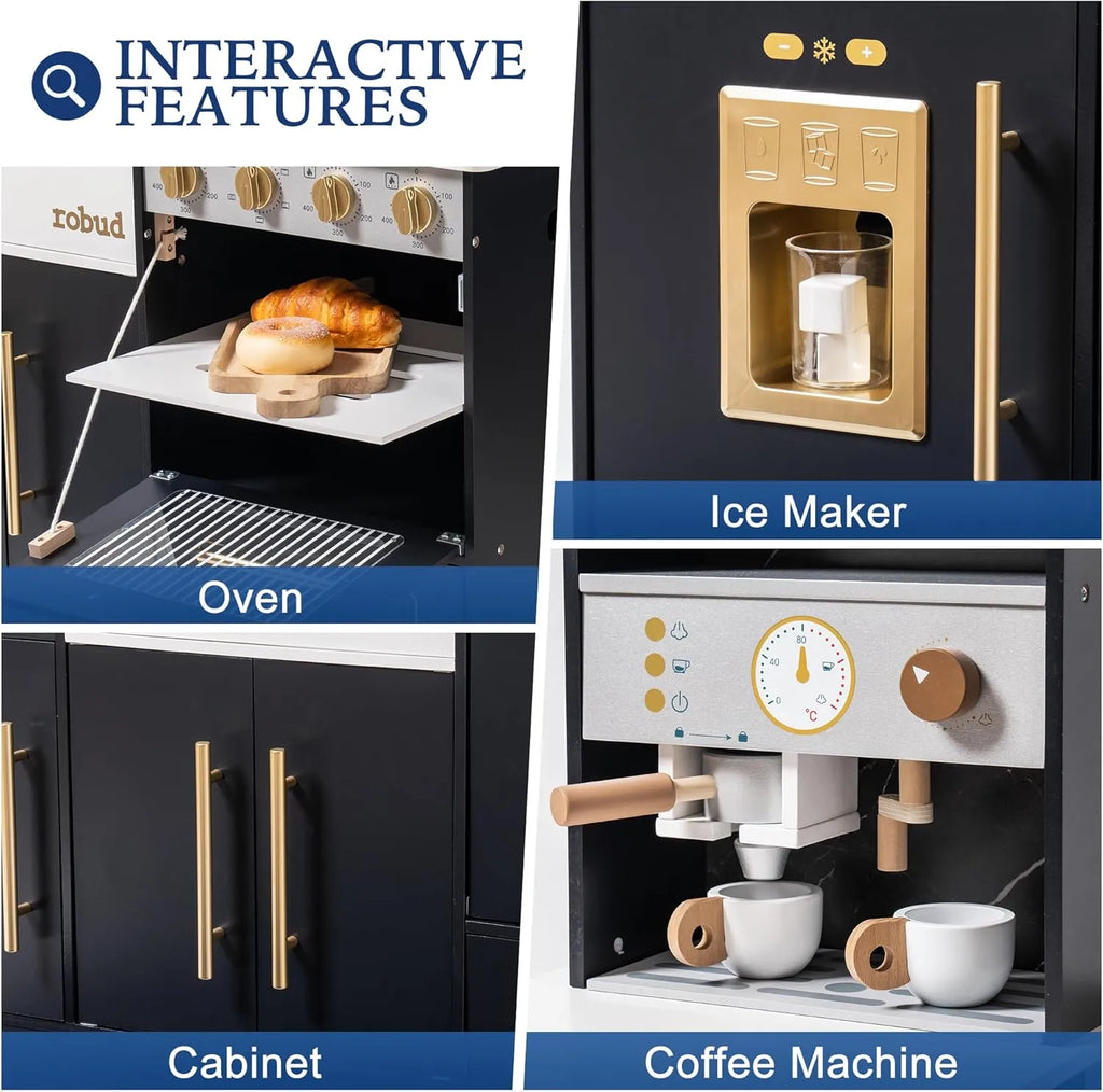 ROBUD kids kitchen set with opening oven, ice maker, coffee machine, storage cabinets and wooden kitchen accessories