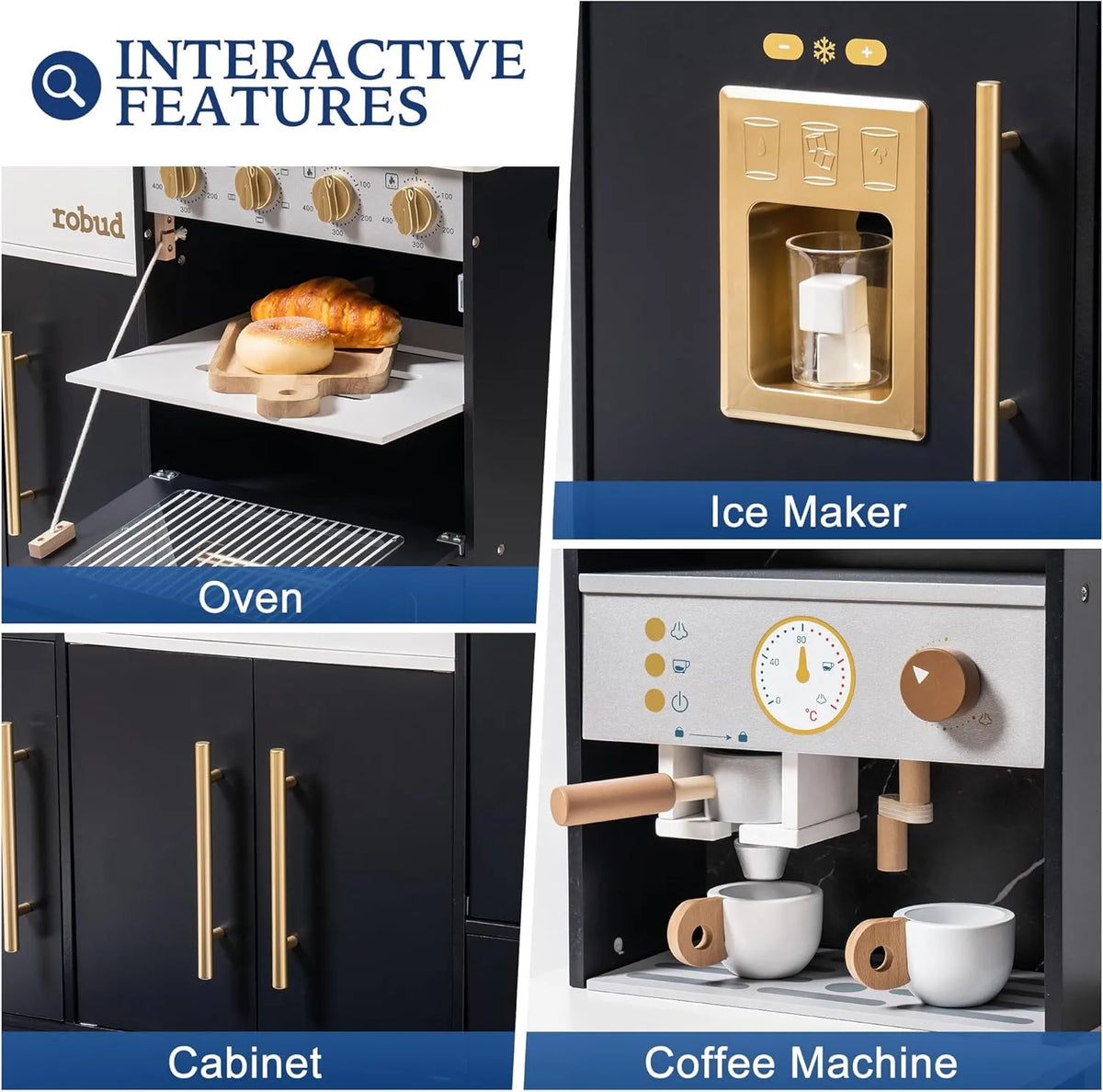 ROBUD kids kitchen set with opening oven, ice maker, coffee machine, storage cabinets and wooden kitchen accessories