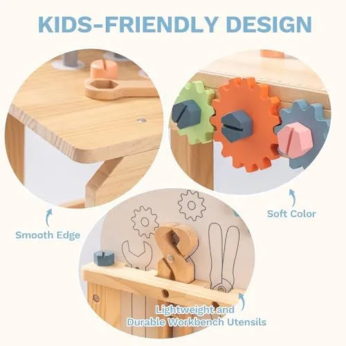 ROBUD Wooden Kids Workbench with smooth edges, soft colours and lightweight durable wooden utensils for pretend play