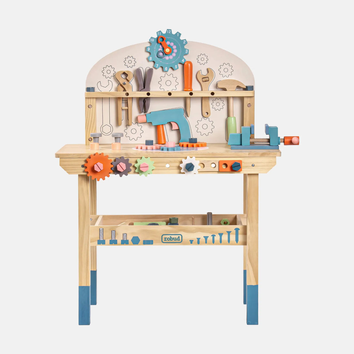 ROBUD Kids Workbench showing pretend tool activities including sawing wood, tightening screws, using a wrench and hammering nails