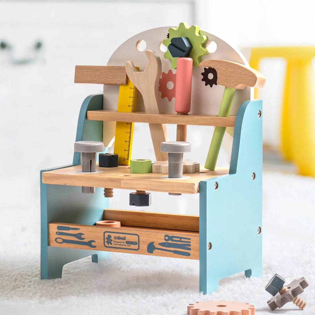 ROBUD Mini Wooden Play Tool Workbench Set with wooden tools, gears, screws, hammer and storage shelf