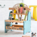 ROBUD Mini Wooden Play Tool Workbench Set with wooden tools, gears, screws, hammer and storage shelf